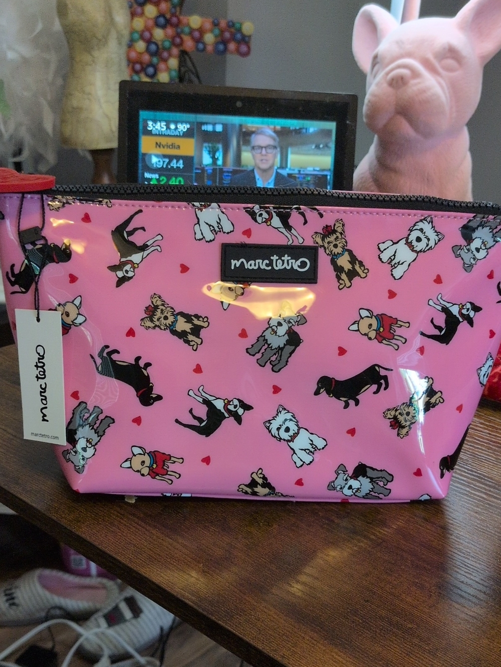 Marc Tetro Pink Dog Print Cosmetic Bag